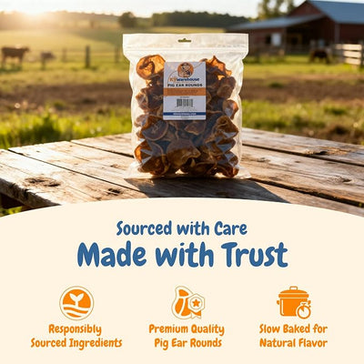 K9warehouse Premium Natural Pig Ears Rounds Packed in USA - 50 Count Pig Ears for Dogs Large - Tasty Pigs Ear Dog Treats - Bulk Pig Ears for Large/Small Dogs - Ideal Dog Pigs Ears Made for Training