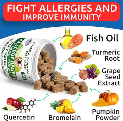 BARK&SPARK Dog Allergy Relief Soft Chews for Skin Health & Seasonal Allergies - Anti-Itch Supplement w/Omega-3, Quercetin & Bromelain Immune Treats for Dry Skin & Hot Spots - Chicken - 240ct