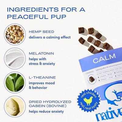 Native Pet Calming Chews for Dogs Medium Breed - 60 Calming Dog Treats - Hemp Seed, Melatonin, L-Theanine - Supports Calm Behavior - 90 Chews