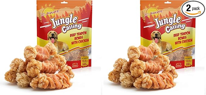 Jungle Calling Beef Tendons for Dogs, Chicken Wrapped Tendons Dog Chews Long Lasting Hip and Joint Supplement for Dogs with Glucosamine (Knotted Bone) (Pack of 2)