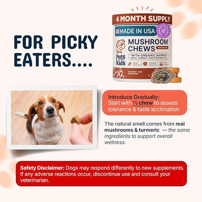 Pets are Kids Turkey Tail Mushroom for Dogs with Organic Real Turkey Tail™ - 8:1 Extract Mushroom Chews for Immune System Health, Gut, Skin & Joint Support - Reishi, Lion's Mane - 240 Chews