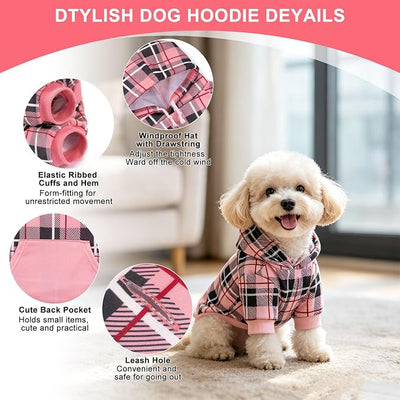 EXPAWLORER Plaid Dog Hoodie - British Style Warm Dog Sweater Shirt with Leash Hole,Pitbull Clothes Outfits,Winter Coat Apparel for All Breeds Puppy Girl Boy-Cat Apparel,Pink Medium