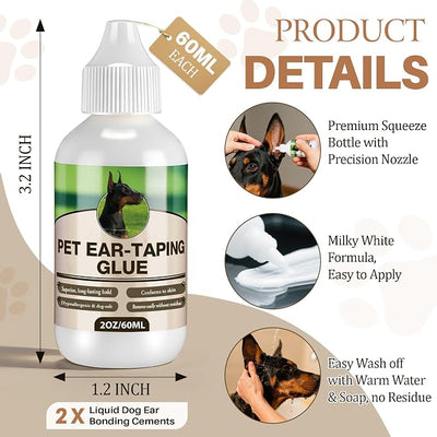 2 Pack Liquid Bonding Cement for Dogs (60ml Each), Pet Ear Taping Glue, Dog Ear Bonding Cement, Safe & Non Toxic Skin Adhesive for Pet Training, Waterproof, Easy Wash Off with Soap & Water