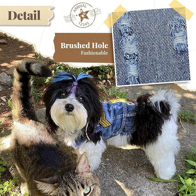 Cool Dog Jean Jacket Small Puppy Outfits Frenchie Clothes Denim Coats for Small Medium Dogs Cats Boys Girls Pet Vest Dog Shirt Clothing Doggy Costume (Blue Print, M（Suggest 6-9 lbs）)