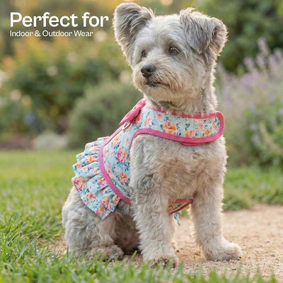 Parisian Pet Floral Dog Harness Dress - Breathable No Pull Puppy Dress with Pink Bow and Leash Ring - 100% Mesh Fabric Harnesses for Dogs - Soft Padded Step in Pet Vest - Dog Harness Small Sized Dogs