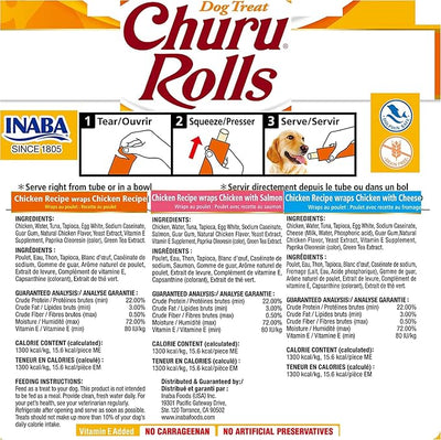 INABA Churu Rolls for Dogs, Grain-Free, Soft/Chewy Baked Chicken Wrapped Churu Filled Dog Treats, 0.42 Ounces Each Stick (8 Sticks per Pack), 3 Flavor Variety Pack (48 Sticks)