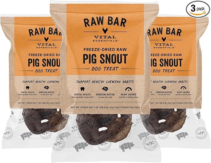 Vital Essentials Freeze-Dried Raw Pig Snout Dog Treat & Long-Lasting Natural Chew, 3-Pack | Single Ingredient Dog Treat for Aggressive Chewers | Made in USA
