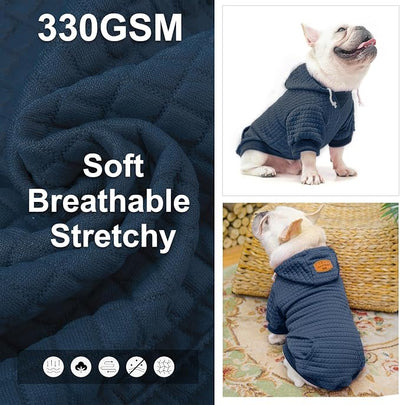 BEAUTYZOO Small Dog Hoodie Sweater with Pockets, Dog Clothes for Small Medium Dogs Boy Girl, Waffle-Like Laminated Pet Coats with Hat and Leash Hole, Navy Blue S