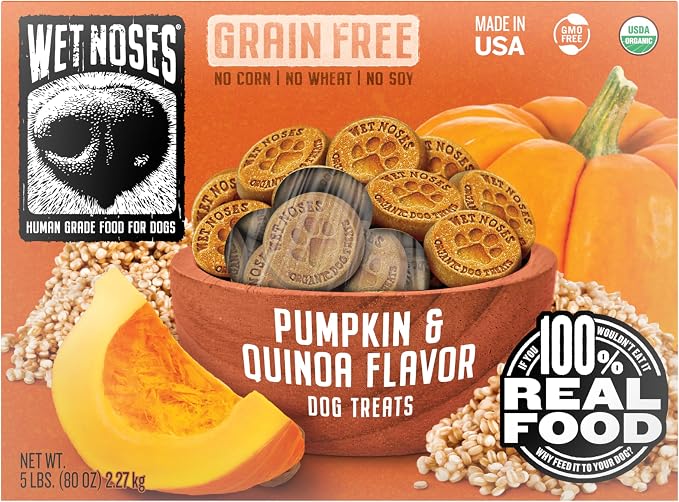 Wet Noses Organic Crunchy Dog Treats – All-Natural, Human-Grade, Non-GMO, Healthy Training & Delicious Snacks for Dogs, for All Dog Sizes & Breeds – Grain Free Pumpkin & Quinoa, 5lb (Single Pack)