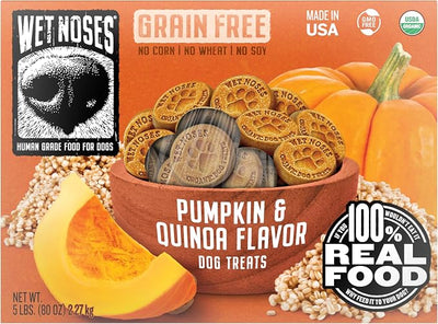 Wet Noses Organic Crunchy Dog Treats – All-Natural, Human-Grade, Non-GMO, Healthy Training & Delicious Snacks for Dogs, for All Dog Sizes & Breeds – Grain Free Pumpkin & Quinoa, 5lb (Single Pack)