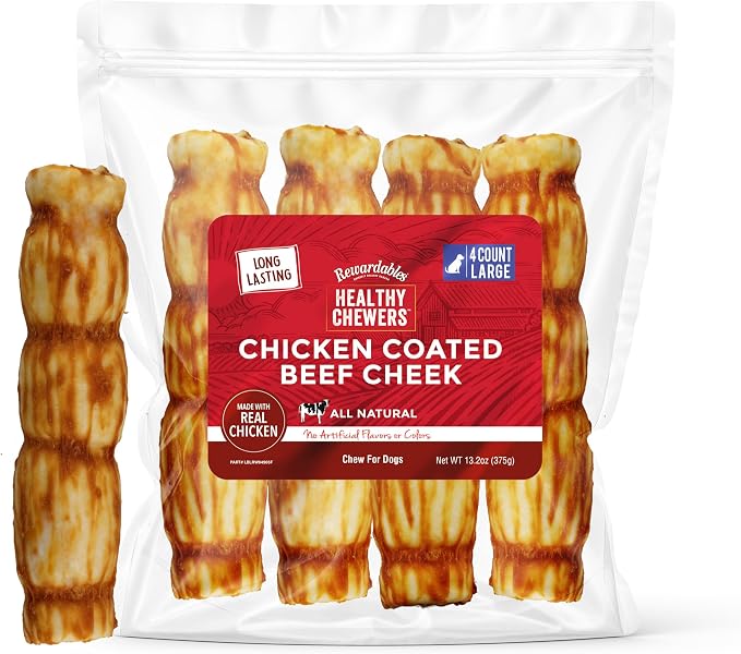 Rewardables Chicken Coated Beef Cheek Rolls for Dogs [9 Inch] — Long Lasting Chew, All Natural, No Artificial Flavors, 4 Pack — Aggressive Chewers, Large & Giant Dogs