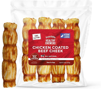 Rewardables Chicken Coated Beef Cheek Rolls for Dogs [9 Inch] — Long Lasting Chew, All Natural, No Artificial Flavors, 4 Pack — Aggressive Chewers, Large & Giant Dogs