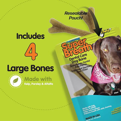 Fido Super Breath Dental Care Bones for Dogs, Large - 4 Count - Fresh Breath Dog Dental Treats for Large Dogs - Plaque & Tartar Control - Made in USA