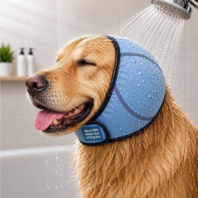HOFi Dog Ear Cover for Bath: Waterproof Ear Protection to Keep Dog Ears Dry | Block 99% Water During Bath Time - Reduce Ear Infections Risks for Large Breeds Golden/Lab/Shepherd