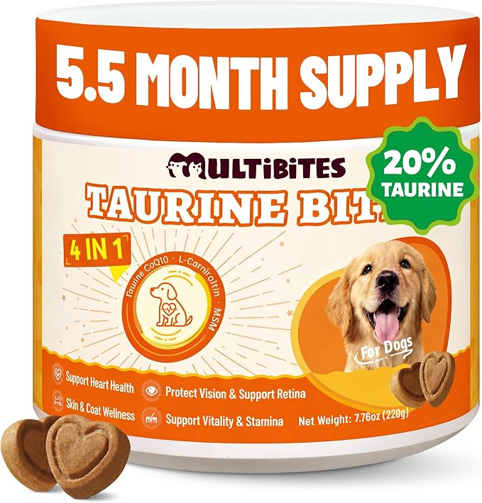 20% Taurine for Dogs with CoQ10, Vitamins & L-Carnitine - Vet-Formulated Taurine Supplement for Dogs for Heart Health & Vitality, Fish Oil Added for Skin & Coat, 7.76oz