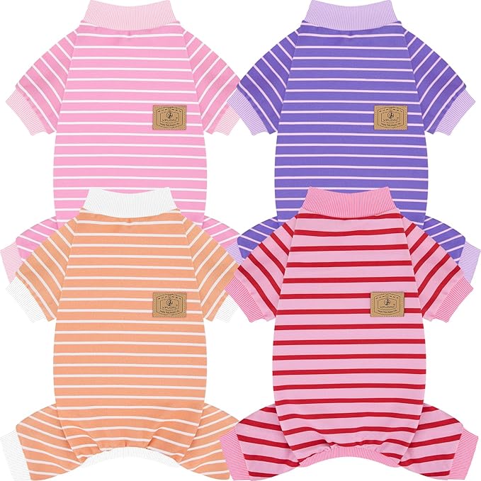 XPUDAC 4 Pack Dog Pajamas Striped Dog Clothes for Small Medium Dogs Girl Boy Comfy Puppy Outfit Doggy Jammies Onesie Pet Costume, Purple, Pink, Orange, S