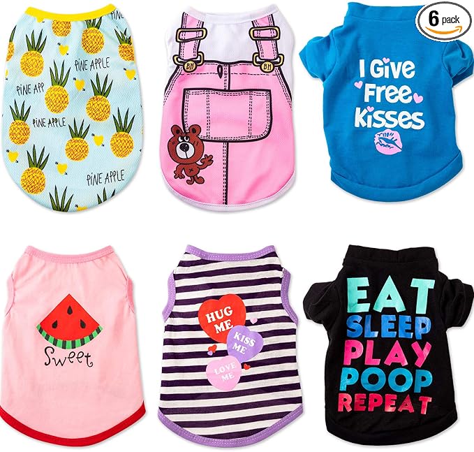 SATINIOR 6 Pcs Dog Clothes Printed Doggie Shirts Puppy T-Shirts Cute Pet Cotton Clothes Doggie Shirt for Small Medium Dog Apparel Summer Christmas(XS)