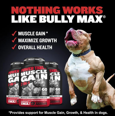 Bully Max 2-in-1 Muscle Builder for Dogs - 9 Amino Acids, Puppy & Dog Vitamins, Supplements for Muscle Gain & Growth - Dog Multivitamin Chewable Tablets for All Breeds & Ages, Made in USA, 30 Tabs