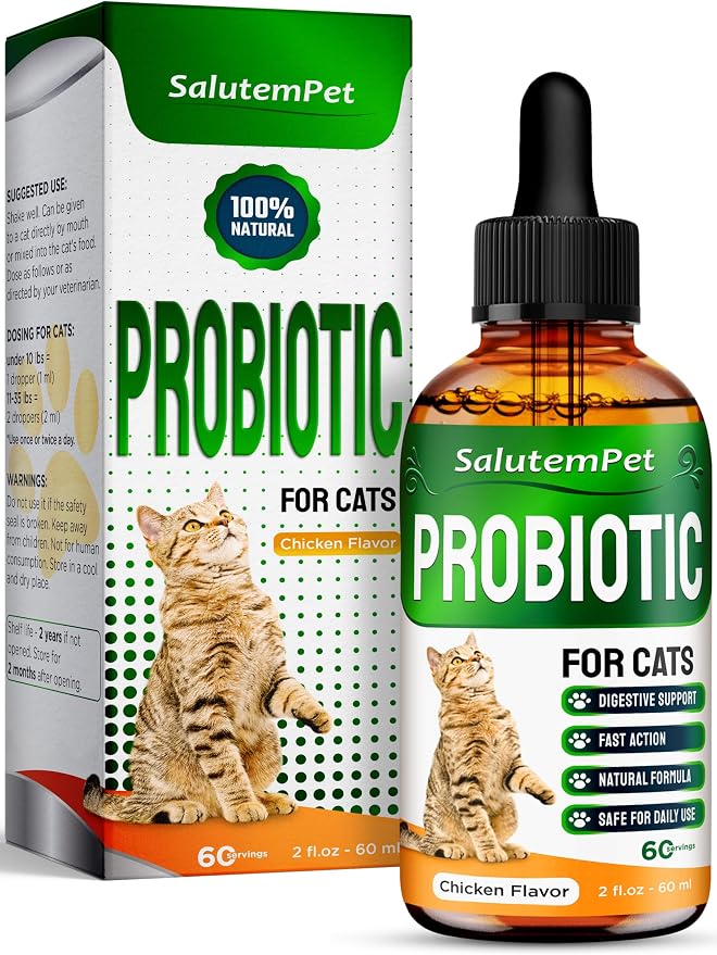 Probiotics for Cats for Digestive Support – Cat Probiotics for Indoor Cats Help with Colic, Upset Stomachs, Diarrhea, Gas, and Bloating – Prebiotics + Pleasant Chicken Flavor Inside – 2 Oz