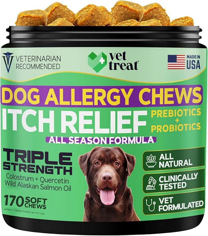 Vet Treat Dog Allergy Relief Chews - 170 Dog Allergy Chews - Itch Relief for Dogs - Anti Itch for Dogs - Dry & Itchy Skin - Allergies & Immune Support Supplement, Omega 3, Fish Oil, Colostrum - USA