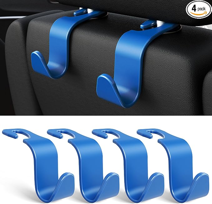 Amooca Car Seat Headrest Hook 4 Pack Hanger Universal Vehicle Car Storage Organizer for Handbag Purse Coat S Type Blue