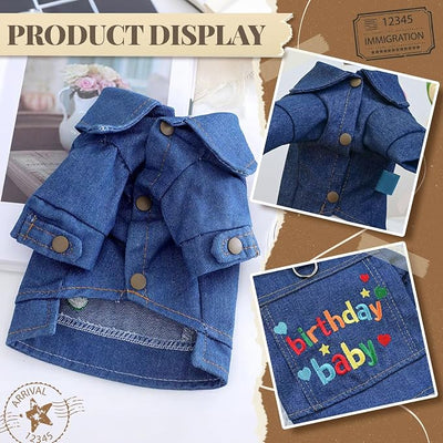 Dog Jean Jacket with D-Ring Blue Denim Coat Dogs Outfits for Small Dogs Cats Boy Male Girl Birthday Clothes Costume Letter Embroidery Dogggie Puppy Winter Warm Clothes(Birthday Baby,XS)