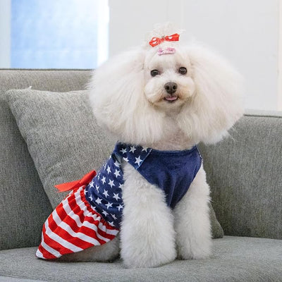 CuteBone Dog Dresses Velvet 4th of July Small Dogs Clothes Onesie Pet Apparel Girl Puppy Skirt with Bow Hair Rope