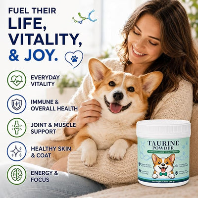 Taurine Powder for Dogs, Doggy Taurine Supplement, Supports Heart Health, Vision, Skin & Coat, Boosts Energy & Daily Wellness, with Dosing Spoon, 200 Grams