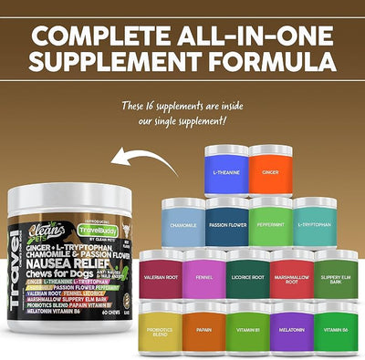 Clean Pets Travel Chews Nausea Relief for Dogs | Ginger L-Tryptophan Chamomile Passion Flower L-Theanine Peppermint Valerian Root Fennel Licorice Root Marshmallow Root Slippery Elm Melatonin Chew