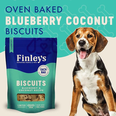 Finley's Crunchy Dog Biscuits, Blueberry and Coconut, Plant-Based Healthy Treats, Oven Baked Dog Cookies, 12oz, 6 Pack