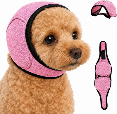 Noise Cancelling Ear Wrap,Quiet Dogs Calming Hoodie,Waterproof Dog Calming Hood,Dog No Shake Ear Muffs Noise Protection Firework Thunder Vacuum,Adjustable for Grooming Bathing & Swimming (Pink-S)