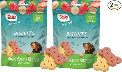 Dole for Pets Dog Biscuits Assorted Banana + Strawberry Mix, Real Fruit Flavor Vegan Crunchy Treats, No Wheat Corn Soy or Artificial Additives, Bite Size Training Snacks for Dogs, 7 Oz - 2 Pack