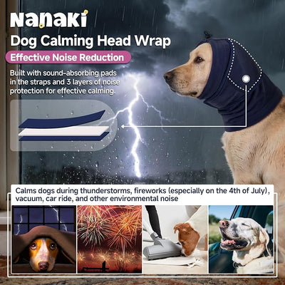 Nanaki Soft Calming Hoodie Quiet for Fireworks,4th of July, Dog Ear Wrap Hematoma Head Cover Anti Flapping, Snoods for Dogs for Eating & Drinking, Adjustable Dog Ear Protection for Bath,Blow, Blue,XL