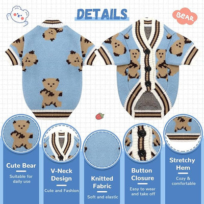 ABRRLO Small Dog Sweaters Cute Bear Dog Cardigans Clothes for Small Medium Dogs Boy Girl Puppy Cat Knitting Cardigan Outfits Dogs Winter Coats Warm Pet Doggy Clothes Soft Knitwear Apparel (Blue,XS)