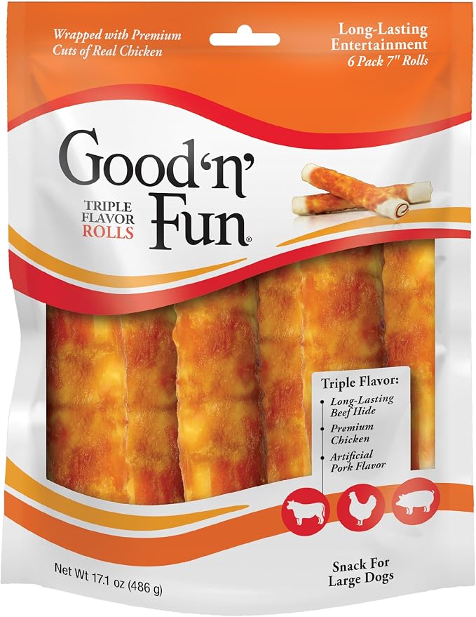 Good 'n' Fun Rolls Long-Lasting Dog Treat, For Large Dogs, With Real Proteins, Beef Hide and Premium Chicken, Supports Dental Health, Mental Stimulation, 6 count
