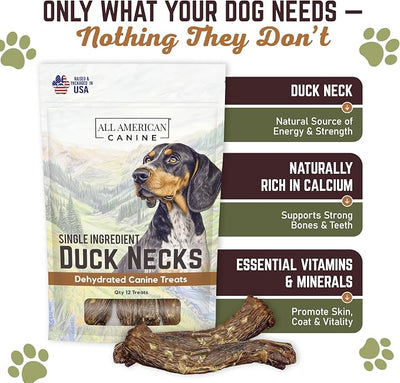 All American Canine 12 Natural Duck Neck Dog Treats – Single Ingredient, Dehydrated & Chewy – Low-Fat, High-Protein Training Reward – Made in USA