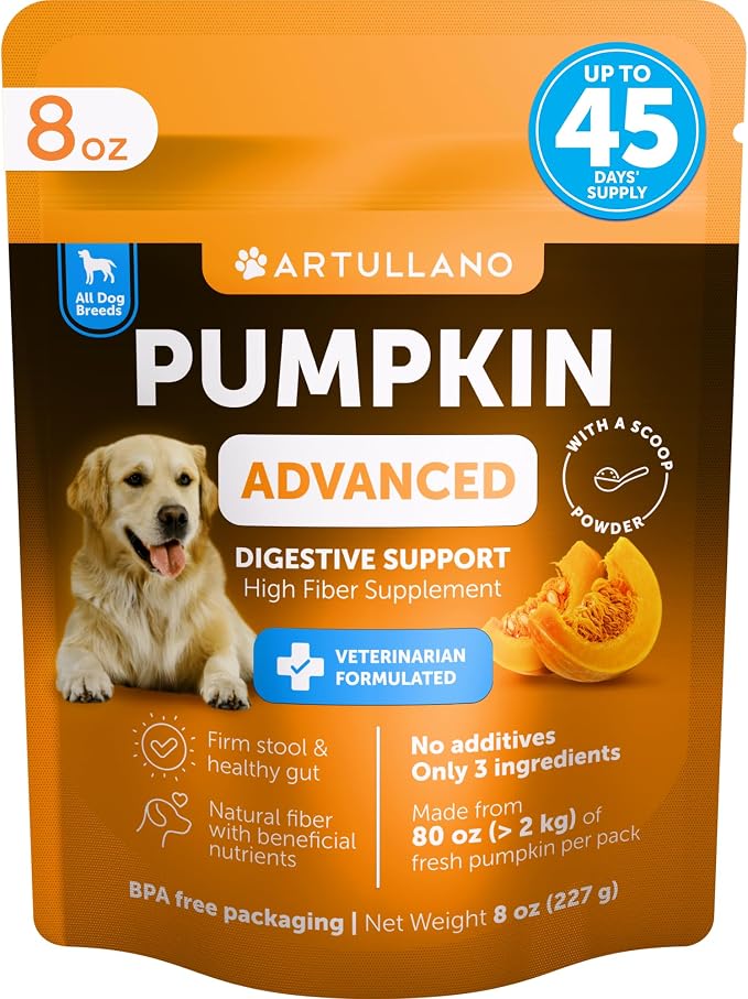 Pumpkin Powder for Dogs Digestive Support - 8 OZ - Fiber Supplement for Constipation - For Gut Balance, Healthy Skin, Digestion, Anal Glands, Firm Stool, Poop, Anti Diarrhea, Gas Relief - Create Puree