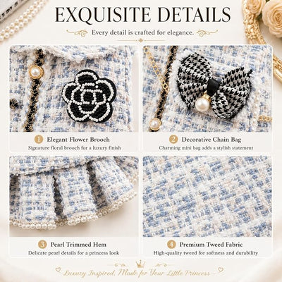 Spring Fall Winter Dog Tweed Coat with Pearl Design, Warm Fleece Dog Dress for Small Medium Dogs & Cats, Cute Puppy Clothes with Bow & Flower, Luxury Pet Outfit for Girls(Blue,XL)
