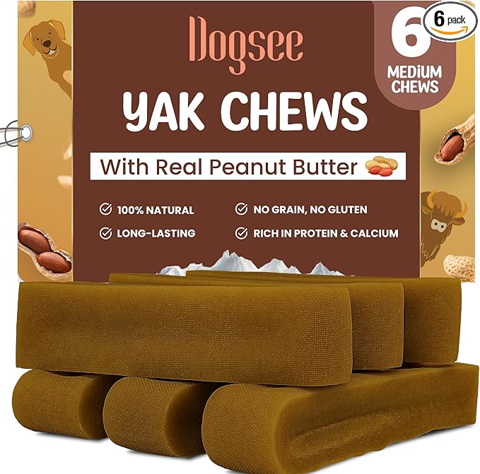 Dogsee Peanut Butter Flavor Himalayan Yak Cheese Dental Chew's for Dogs 1lb (Medium - 6 Chews) 60% Protein, Dog Treats Healthy, Shiny Skin & Coat No Grain, No Gluten Dog Chews Rawhide Free