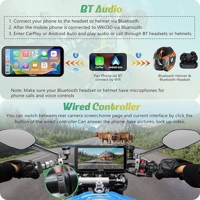 Carpuride W603D Motorcycle GPS Carplay Screen, Wireless CarPlay & Android Auto for Moto, with HD 1080P Dual Cameras, Remote Control，6.3" Waterproof Touchscreen, BT Aduio, Loop