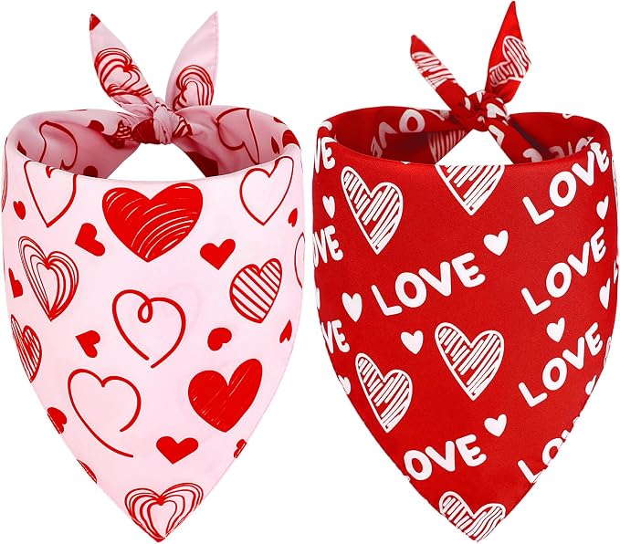 Vivifying Valentine's Day Dog Bandanas - 2 Pack Romantic Pet Accessories with Love Hearts, Dog Scarf for Spoiling Your Pooch on February 14th (Large, Red & Pink)