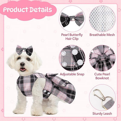 Coppthinktu Plaid Dog Dresses for Small Dogs Girl Bowknot Harness Leash Set, Cute Small Dog Dress Harness Cat Clothes Female with Pearl Bow Hair Clip, Summer Puppy Dress Yorkies Chihuahua Outfits
