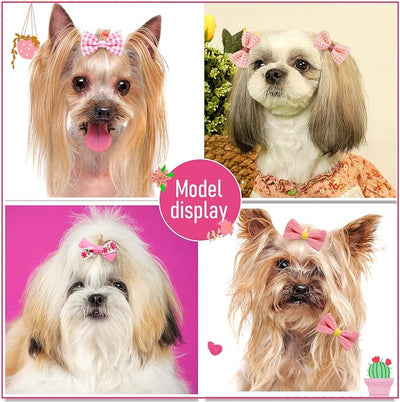 20Pcs Light Pink Small Dog Hair Bows with Rubber Bands, Handmade Puppy Grooming Bows Flower Ball Bowknot Top Knot Hair Accessories for Yorkie & Small Dogs