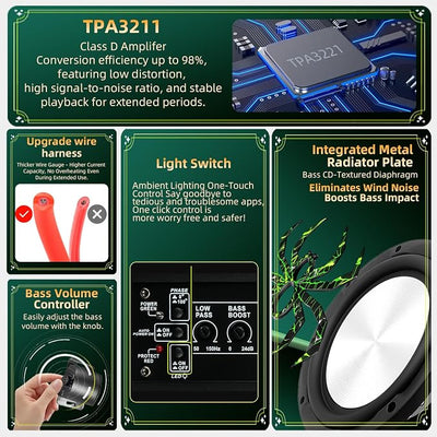 Upgraded 1600W Car Subwoofer, 10" Ultra-Thin Under-Seat Sub with Built-in Amplifier, (LPF/Gain/Bass Boost) LED Ambient Lights, Independent Bass Knob, Distortion-Free Deep Bass（Green）