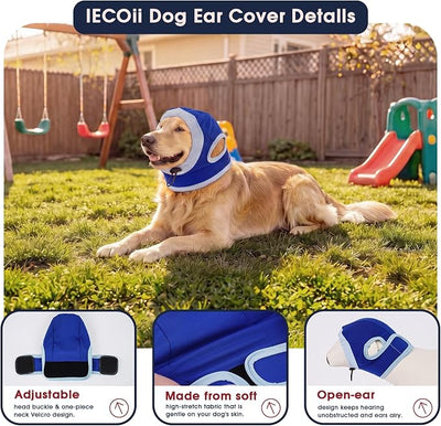 IECOii Dog Ear Cover Muffs for Dogs,Soft Calming Hood that Helps Dogs Feel More Comfortable During Fireworks,Thunderstorms, Grooming & Travel,Adjustable Dog Ear Wrap(Blue,L)