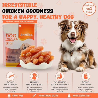 Annika Chicken Sausage Dog Treats – Jerky-Style Training Chews with Chicken, Soft Bites for Senior & All Breed Sizes, 11.6oz