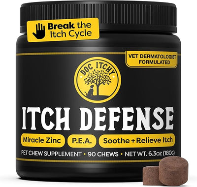 Doc Itchy: Itch Defense Dog Allergy Chews | Zinc + P.E.A. Itch & Allergy Relief Armor | Improve Paw Licking, Scratching, Hot Spots, Red Ears | Zinc Supplement for Dogs | Food Allergy Safe | 90 Chews