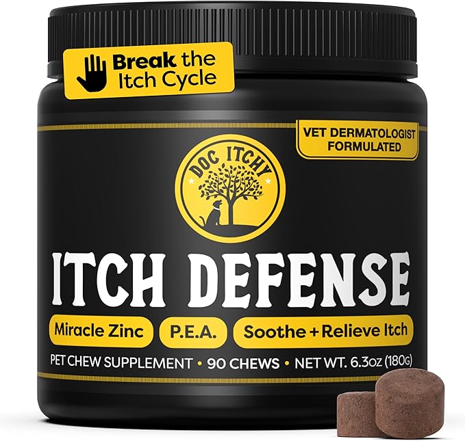 Doc Itchy: Itch Defense Dog Allergy Chews | Zinc + P.E.A. Itch & Allergy Relief Armor | Improve Paw Licking, Scratching, Hot Spots, Red Ears | Zinc Supplement for Dogs | Food Allergy Safe | 90 Chews