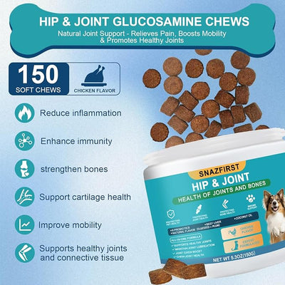Hip and Joint Supplement for Dogs, glucosamine for Dogs Hip and Joint Supplement with Chondroitin, MSM, Omega 3 Chondroitin and Green Lipped Mussel, 150 Chews for All Senior Large Small Medium Breed