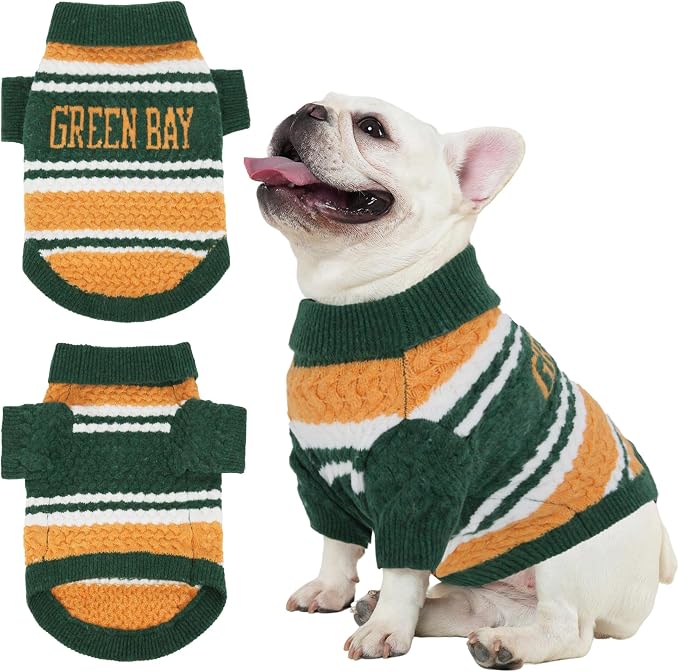 Green Bay Small Dog Sweater Football Theme Turtleneck Knit Dog Sweaters for Small Pets Warm Winter Cat Dog Clothes